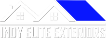 Logo for Indy Elite Exteriors with white rooftops and blue roof accent above the company name
