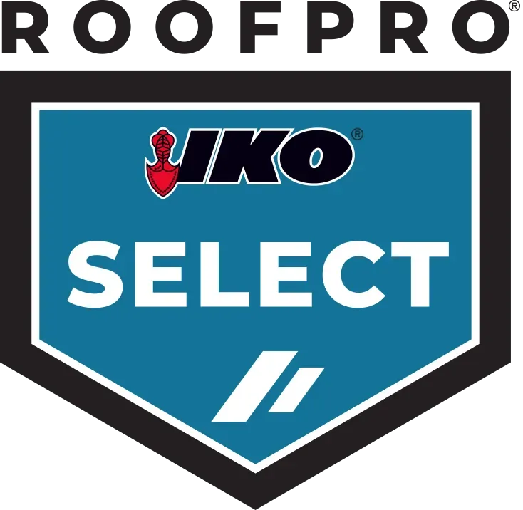 ROOFPRO IKO Select shield logo in blue, black, and white with red accent