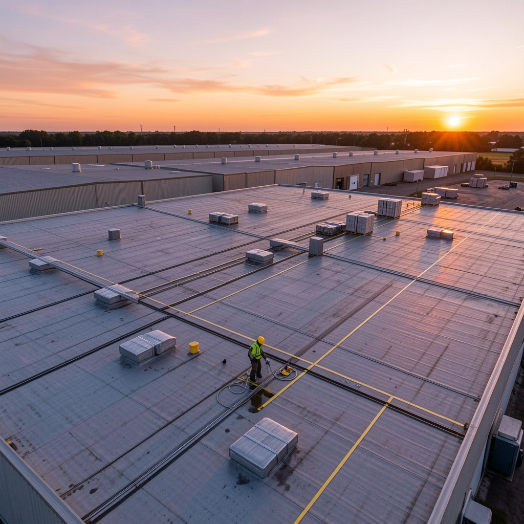 Sunset over a rooftop solar panel installation with workers inspecting equipment