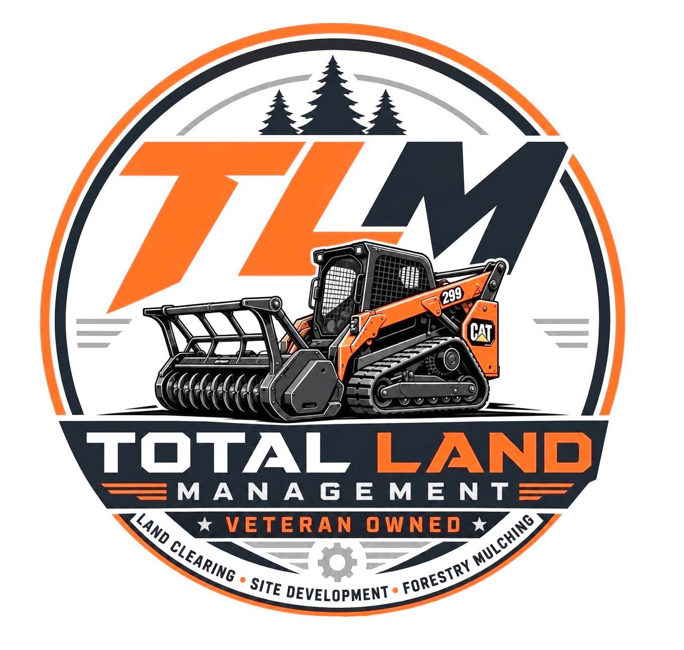 Total Land Management logo with orange and black skid steer, &ldquo;VETERAN OWNED&rdquo; emblem