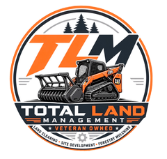 Total Land Management logo with orange and black skid steer, &ldquo;VETERAN OWNED&rdquo; emblem