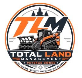 Total Land Management logo with orange and black skid steer, &ldquo;VETERAN OWNED&rdquo; emblem