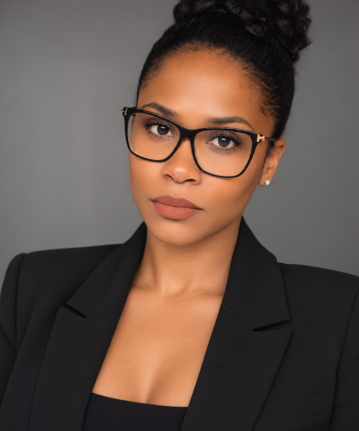 Portrait of a person in a black blazer and glasses, looking at the camera against a gray background