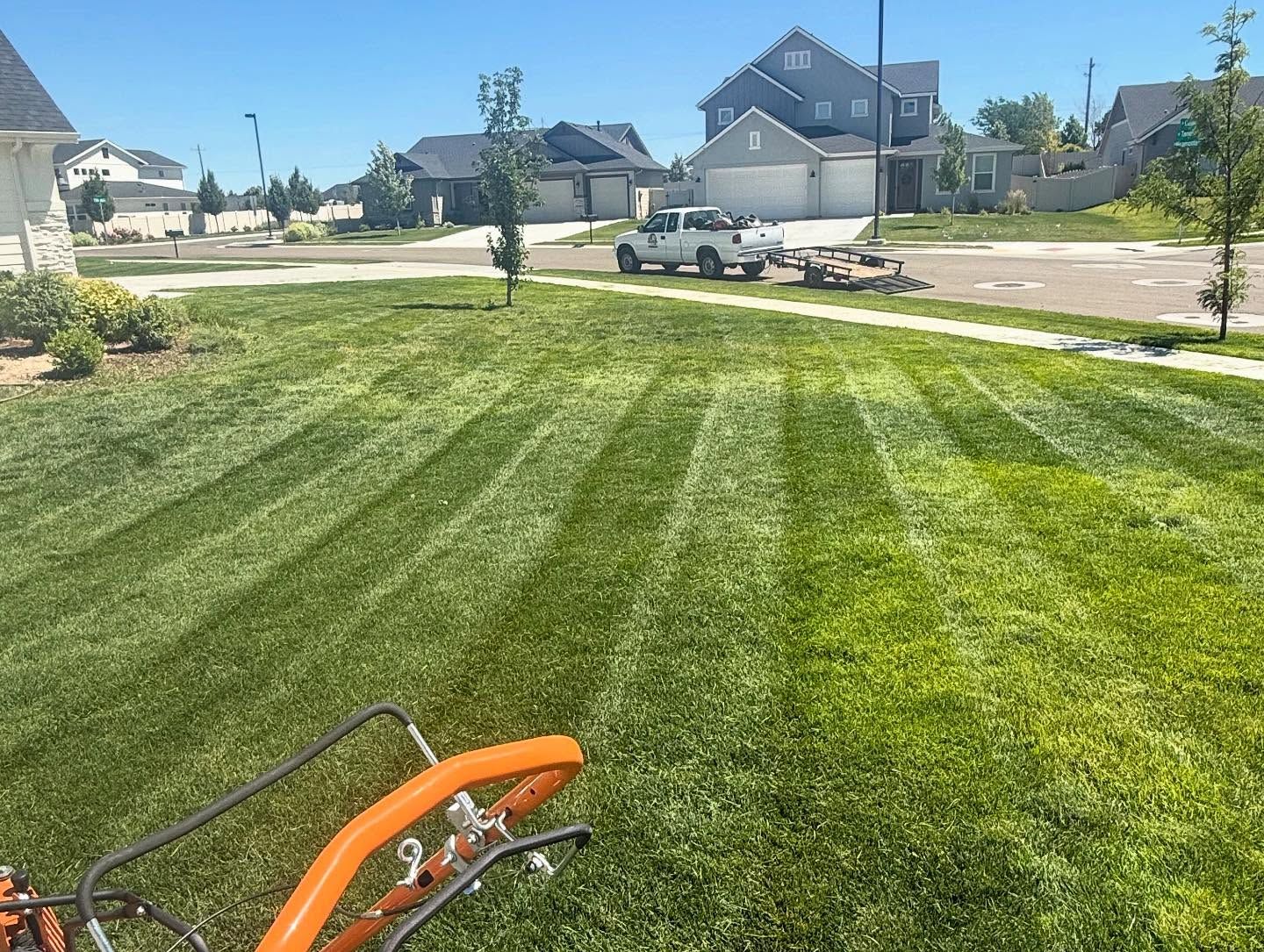 Freshly mowed suburban lawn with striped grass, orange lawn mower in foreground, and houses across the street