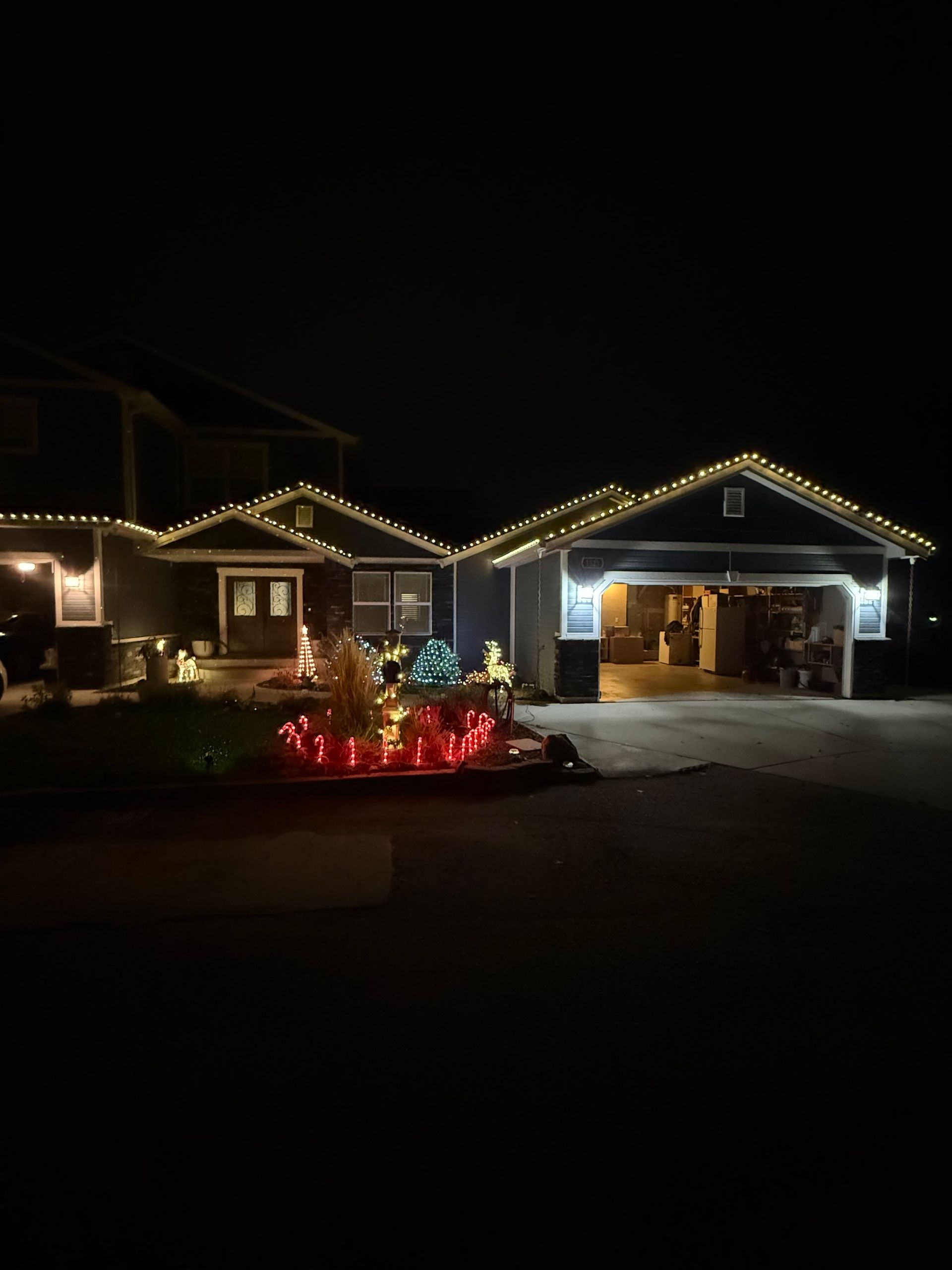 House decorated with white Christmas lights and a red-lit front garden at night