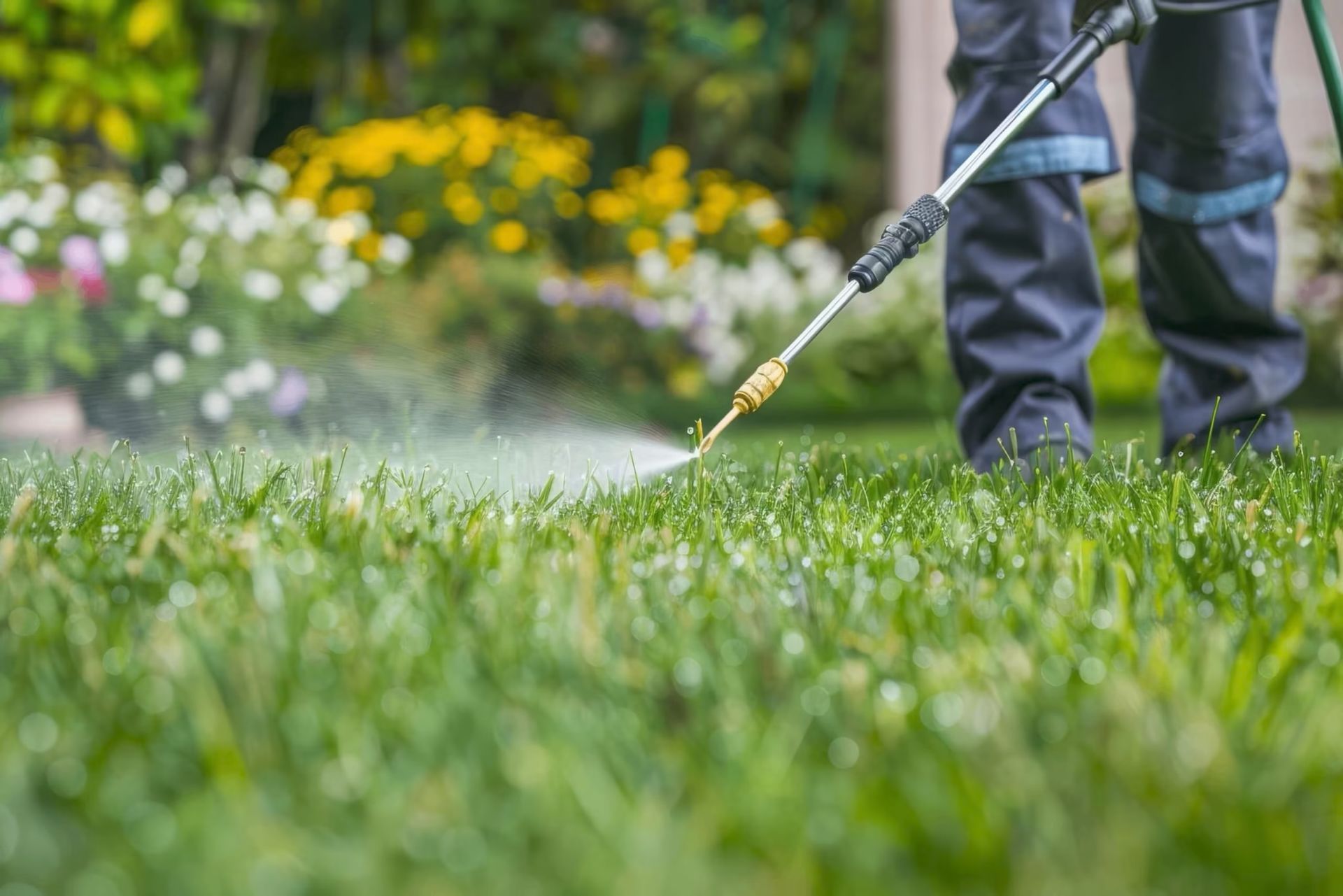 Person spraying water on a green lawn with a garden hose in a yard