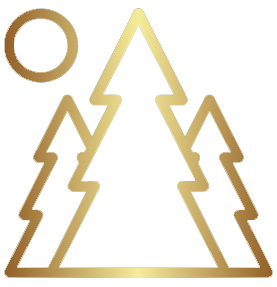 A gold icon of three trees with a sun in the background.