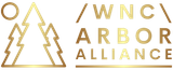 The logo for the wnc arbor alliance is gold and has three trees on it.