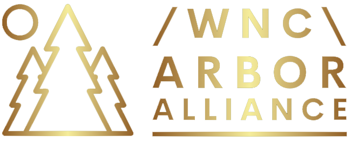 The logo for the wnc arbor alliance is gold and has three trees on it.