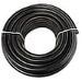 A close up of a roll of black wire on a white background.