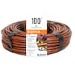 A close up of a roll of brown wire on a white background.