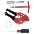 A pair of pipe cutters , a screwdriver , and a washer on a white background.