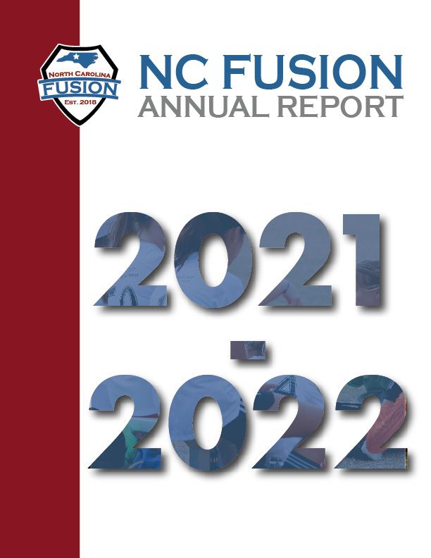 NC Fusion annual report cover, 2021-2022, with blue 3D text and red accent border