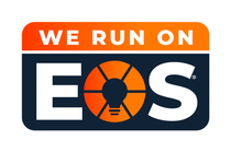 We Run on EOS logo with orange and navy design and an orange sunburst inside the O