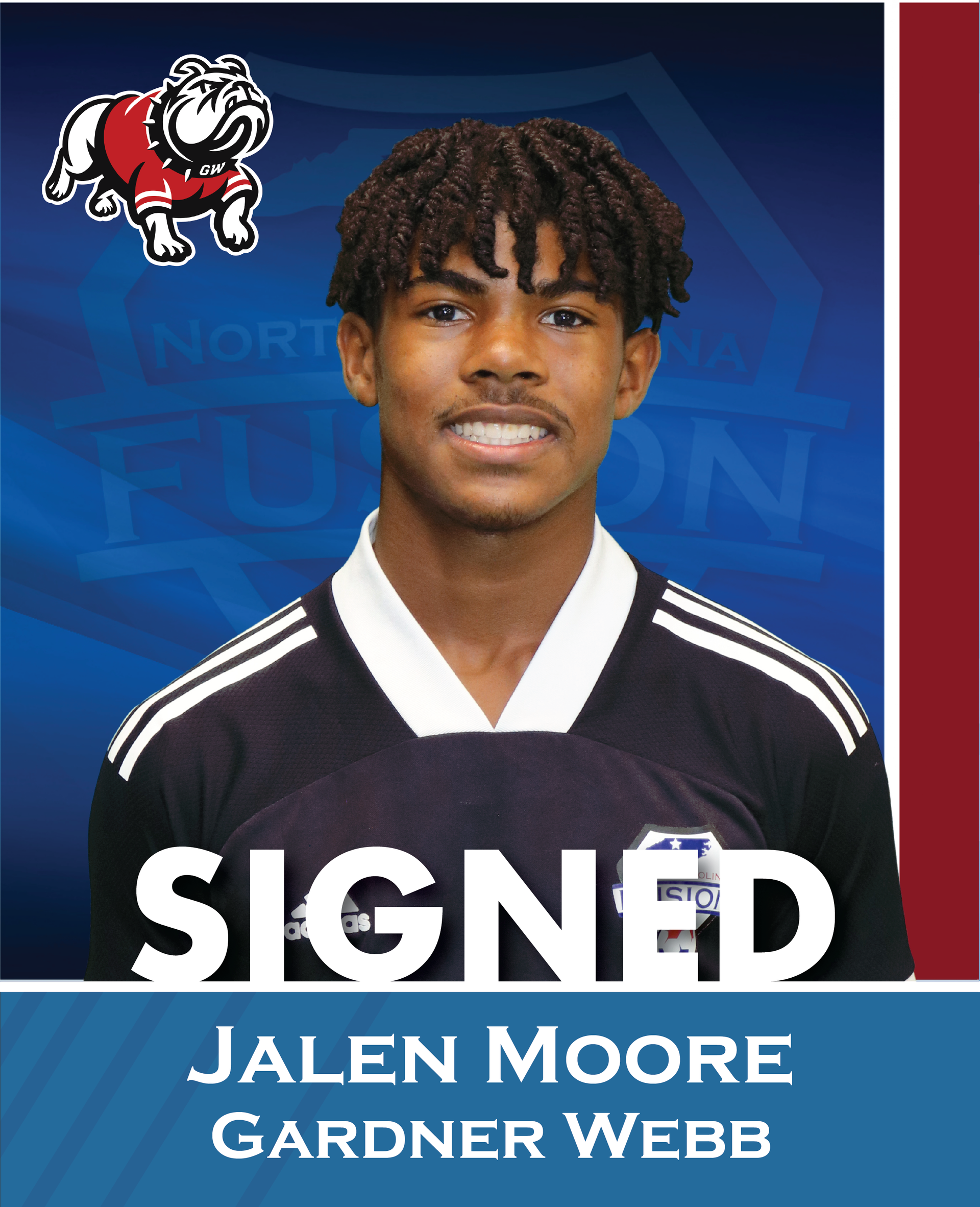 Jalen Moore signed, wearing a dark jersey with white trim on a blue background.