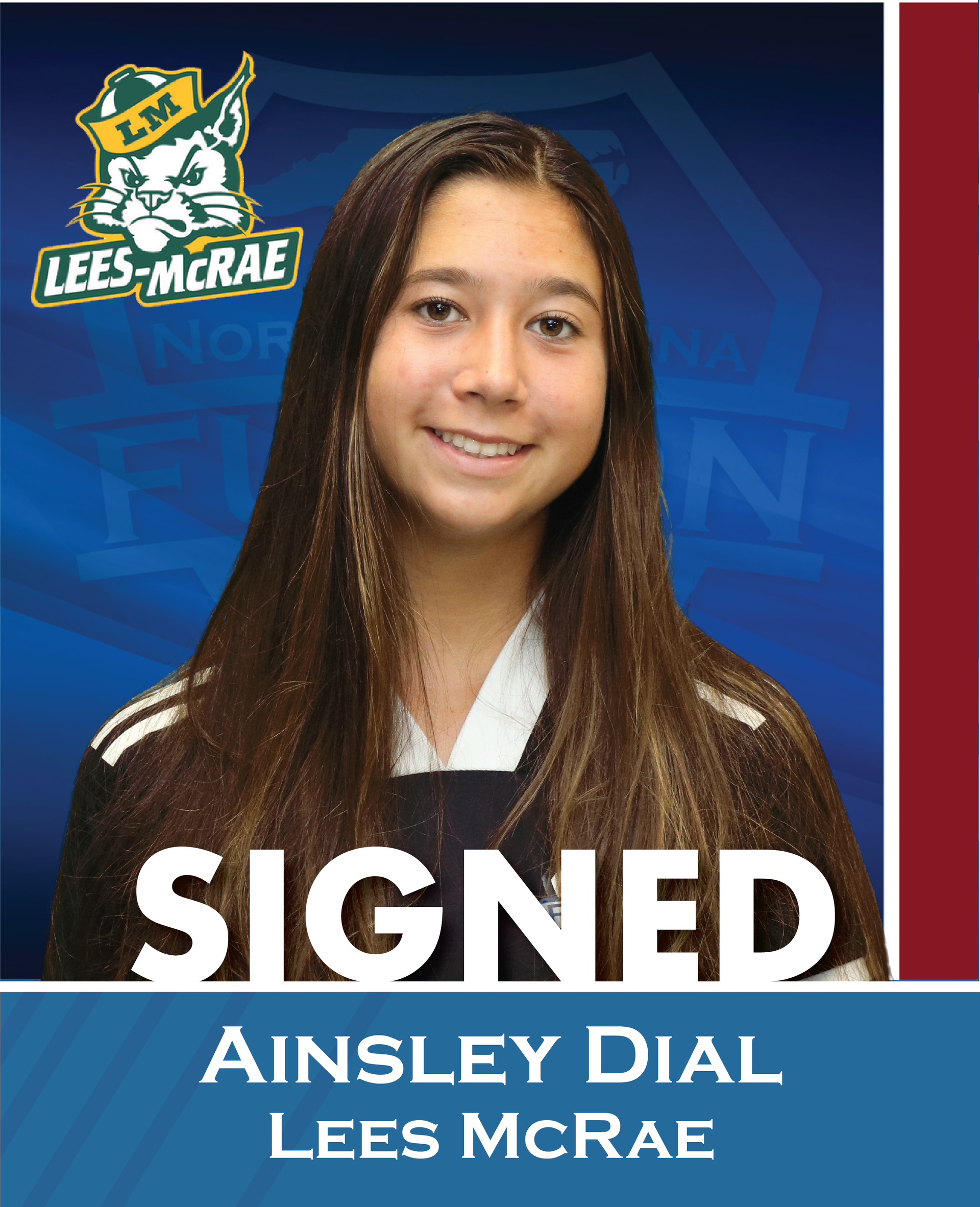 Ainsley Dial in a Lees-McRae signed announcement graphic, smiling against a blue background.
