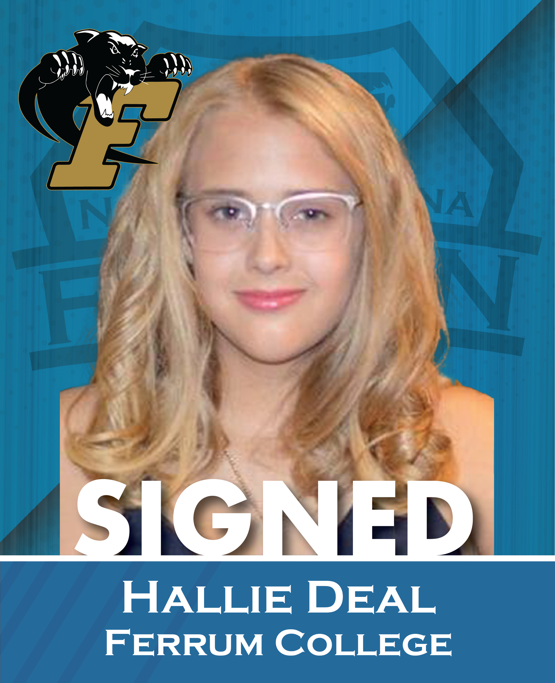 Signed Hallie Deal portrait on blue Ferrum College background