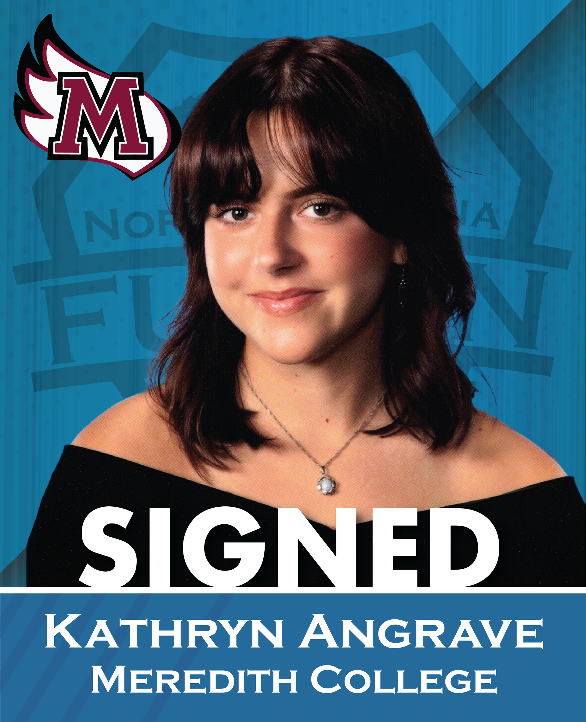 Portrait of Kathryn Angrave in a black off-shoulder top with “SIGNED” and Meredith College text on blue background