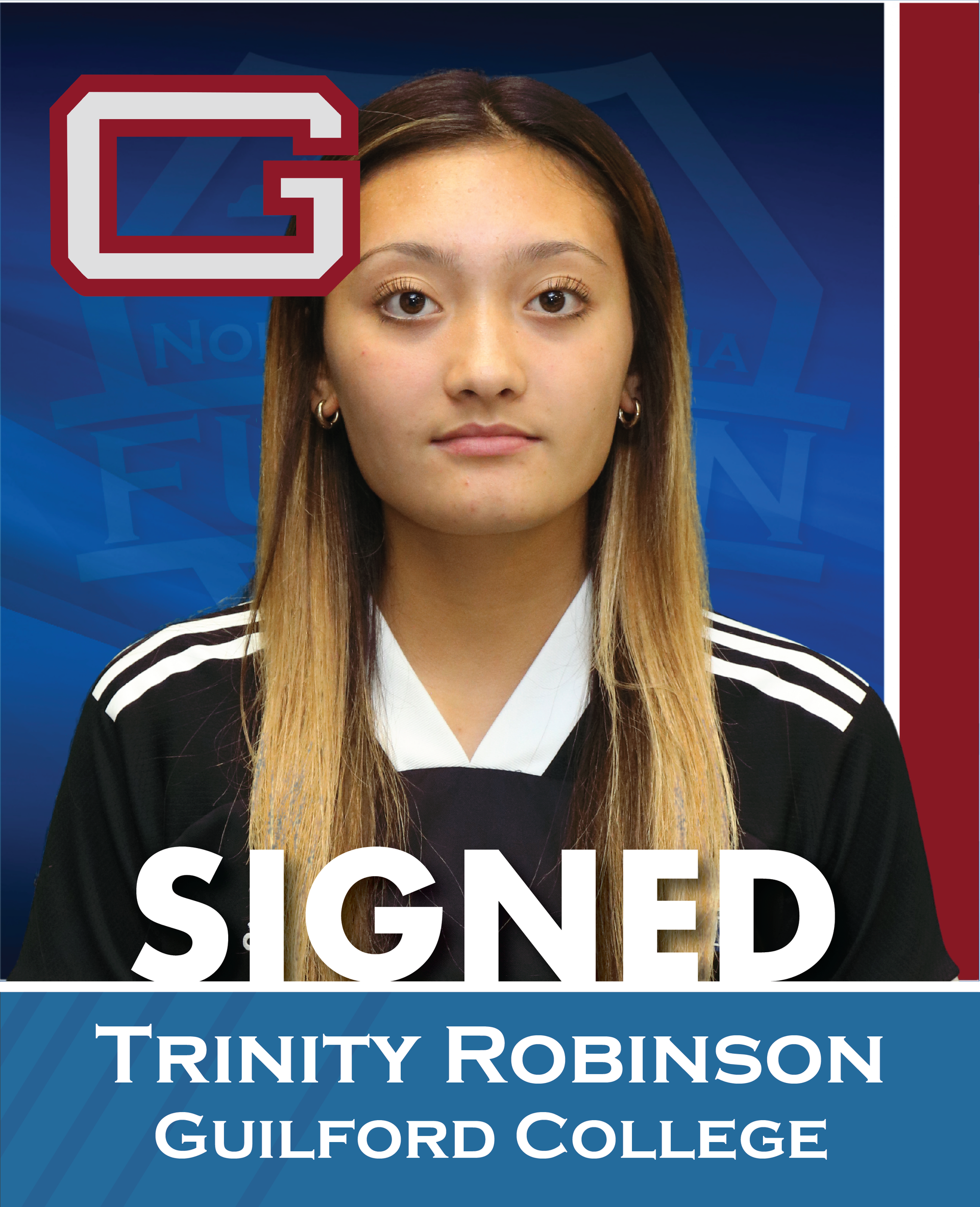 Signed headshot of Trinity Robinson in a black soccer jersey with a red and blue background.