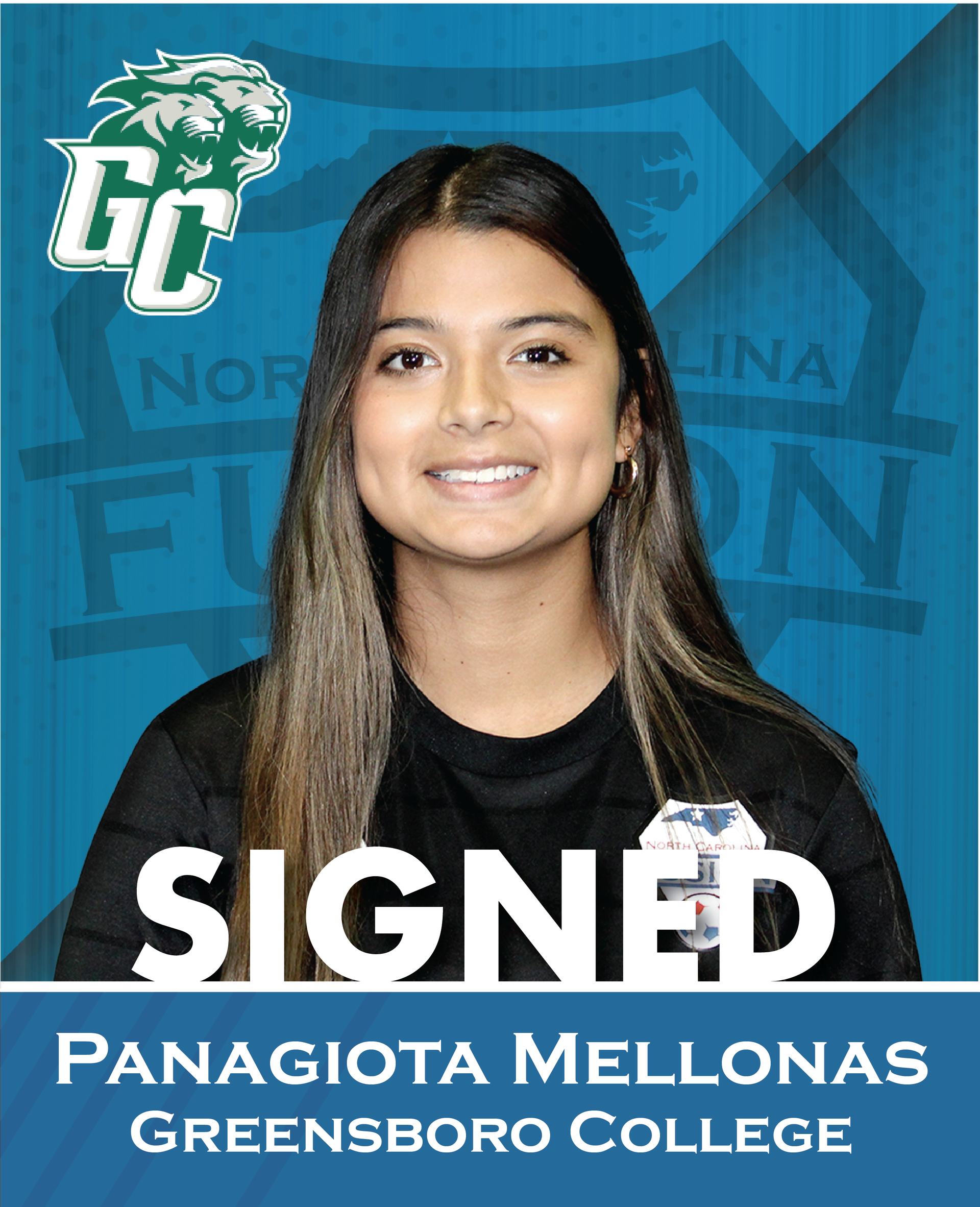 Panagiota Mellonas signed to Greensboro College, shown with GC logo on blue background
