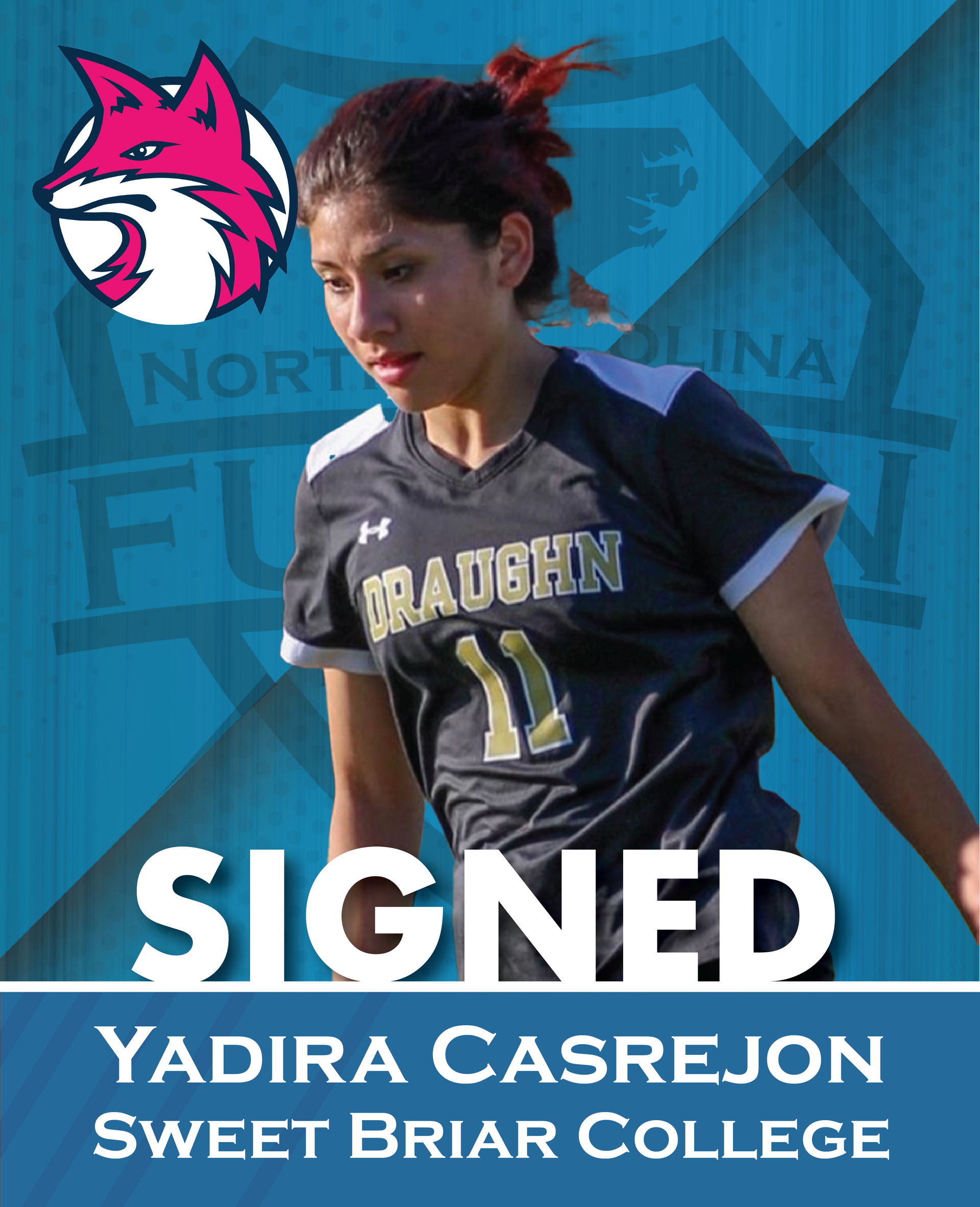 Yadira Casrejon in a blue soccer jersey with “SIGNED” and Sweet Briar College text on a teal background