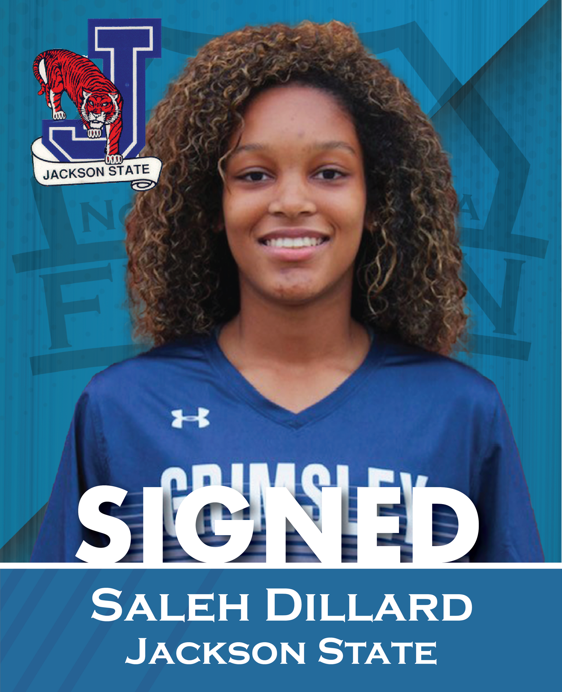 Jackson State athlete Saleh Dillard smiles in a blue jersey beside “SIGNED” text and the Jackson State logo.
