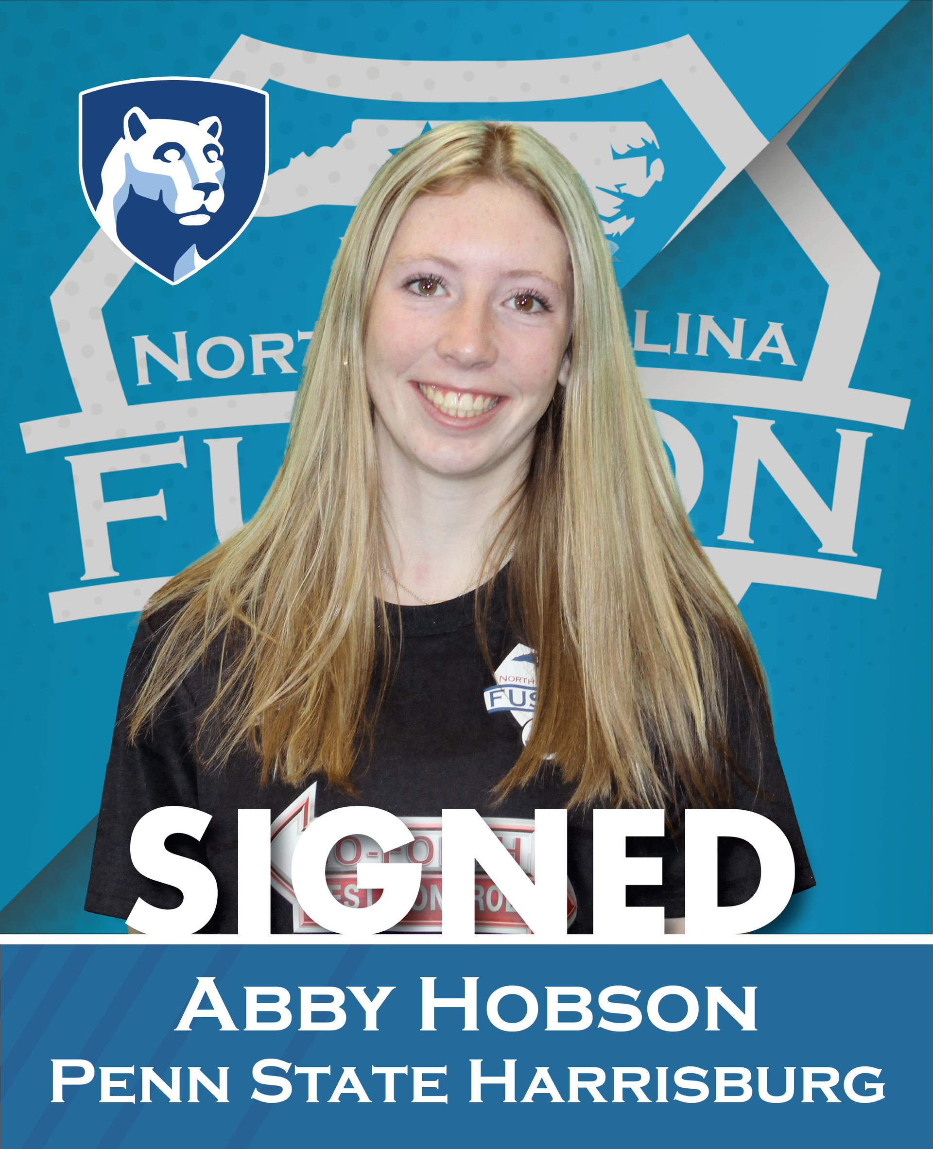 Abby Hobson signing with Penn State Harrisburg, smiling in front of North Carolina Fusion backdrop