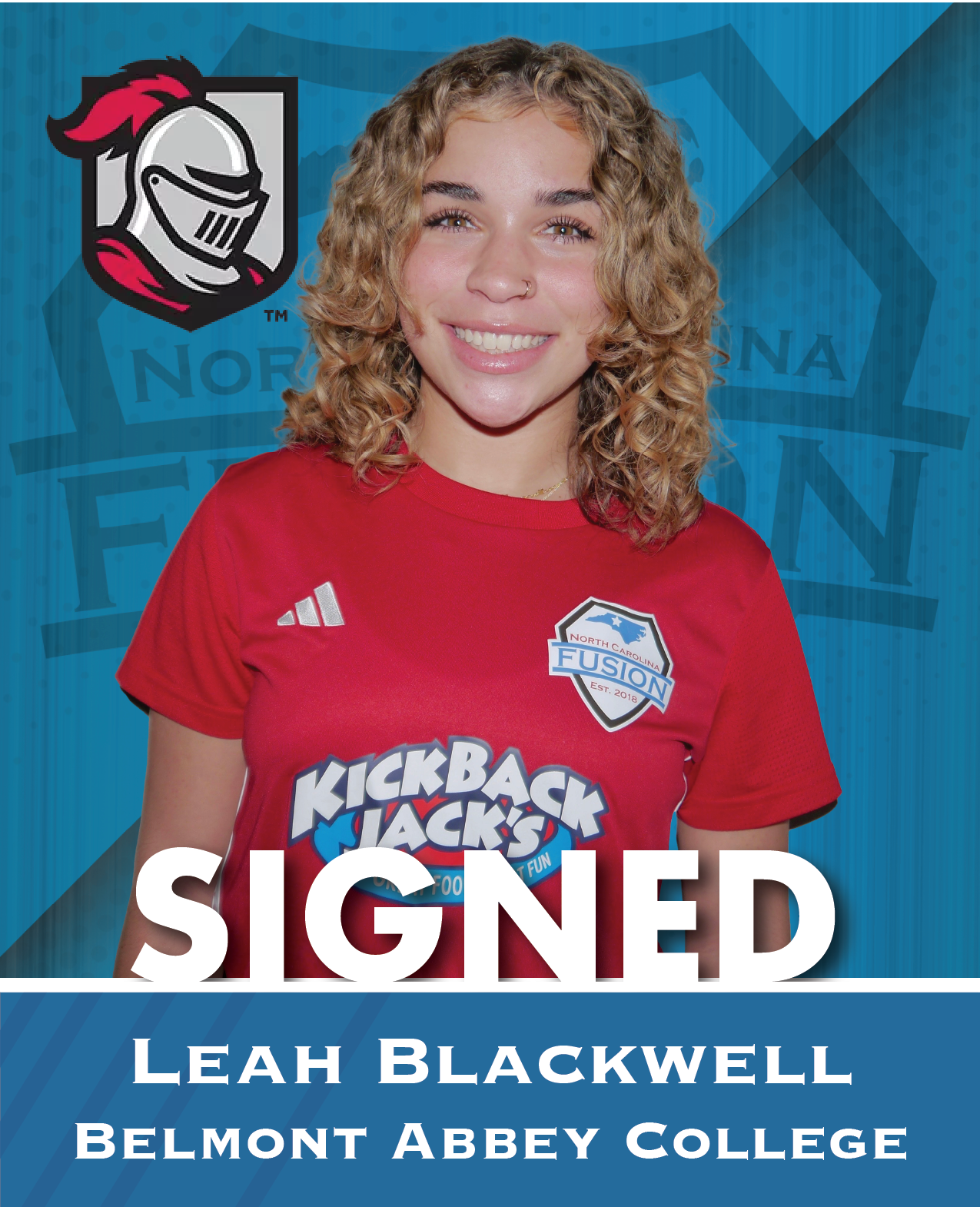 Leah Blackwell in red jersey, smiling with signed text and Belmont Abbey College