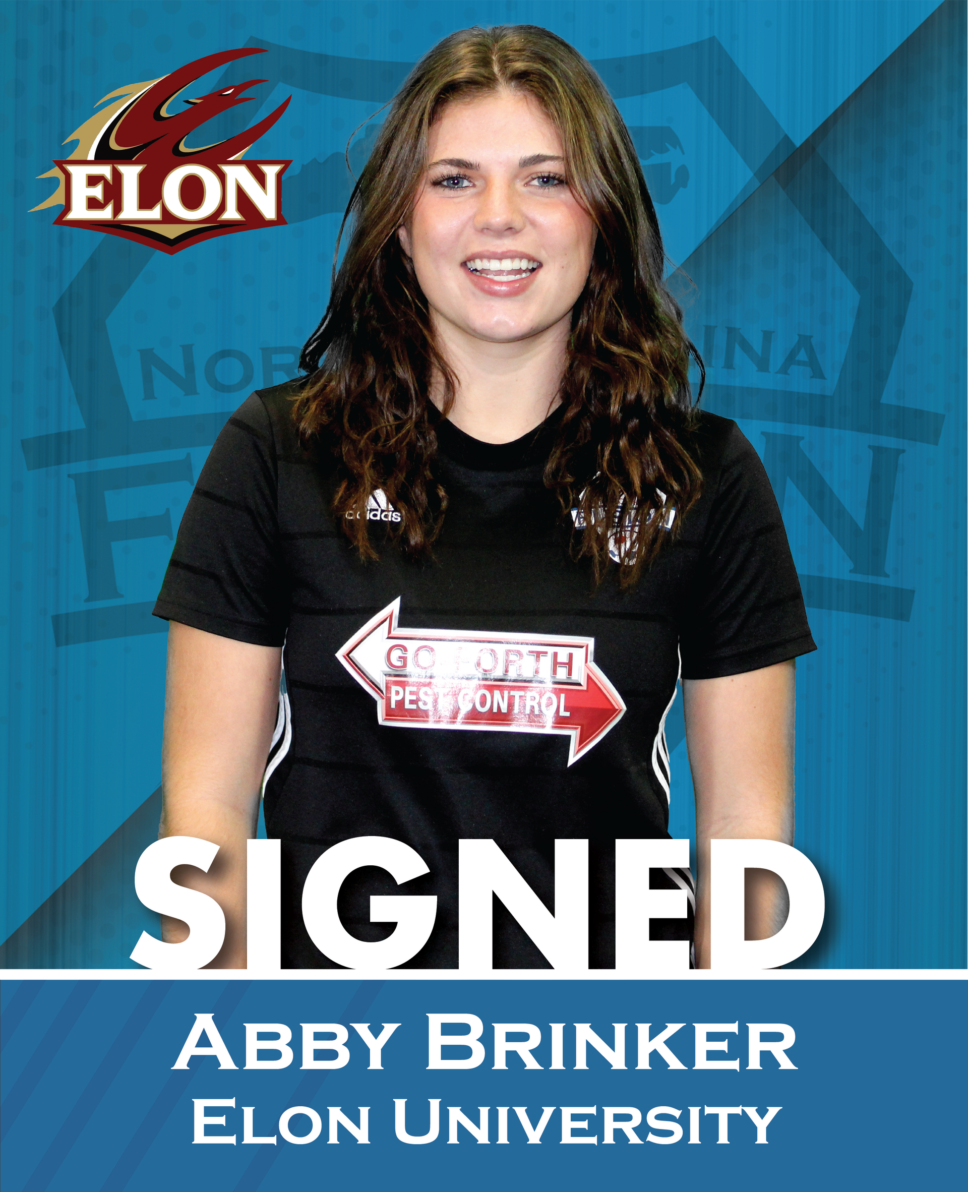 Elon University signed recruiting graphic for Abby Brinker, standing in black shirt with blue background