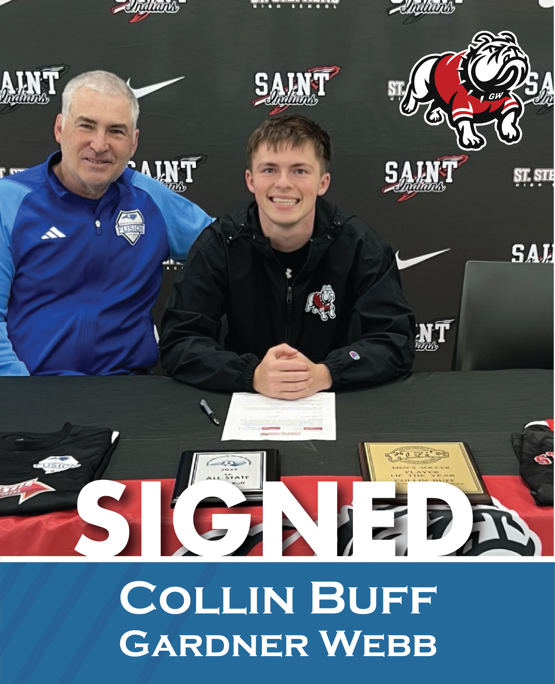 College signing photo: Collins Buff seated at a table with staff, holding a signed letter.