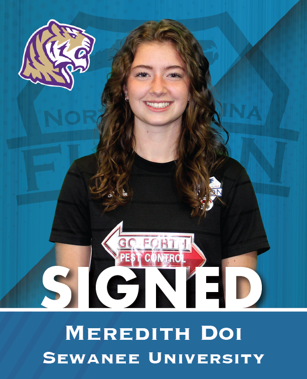Meredith Doi signing with Sewanee University, smiling against a blue school backdrop
