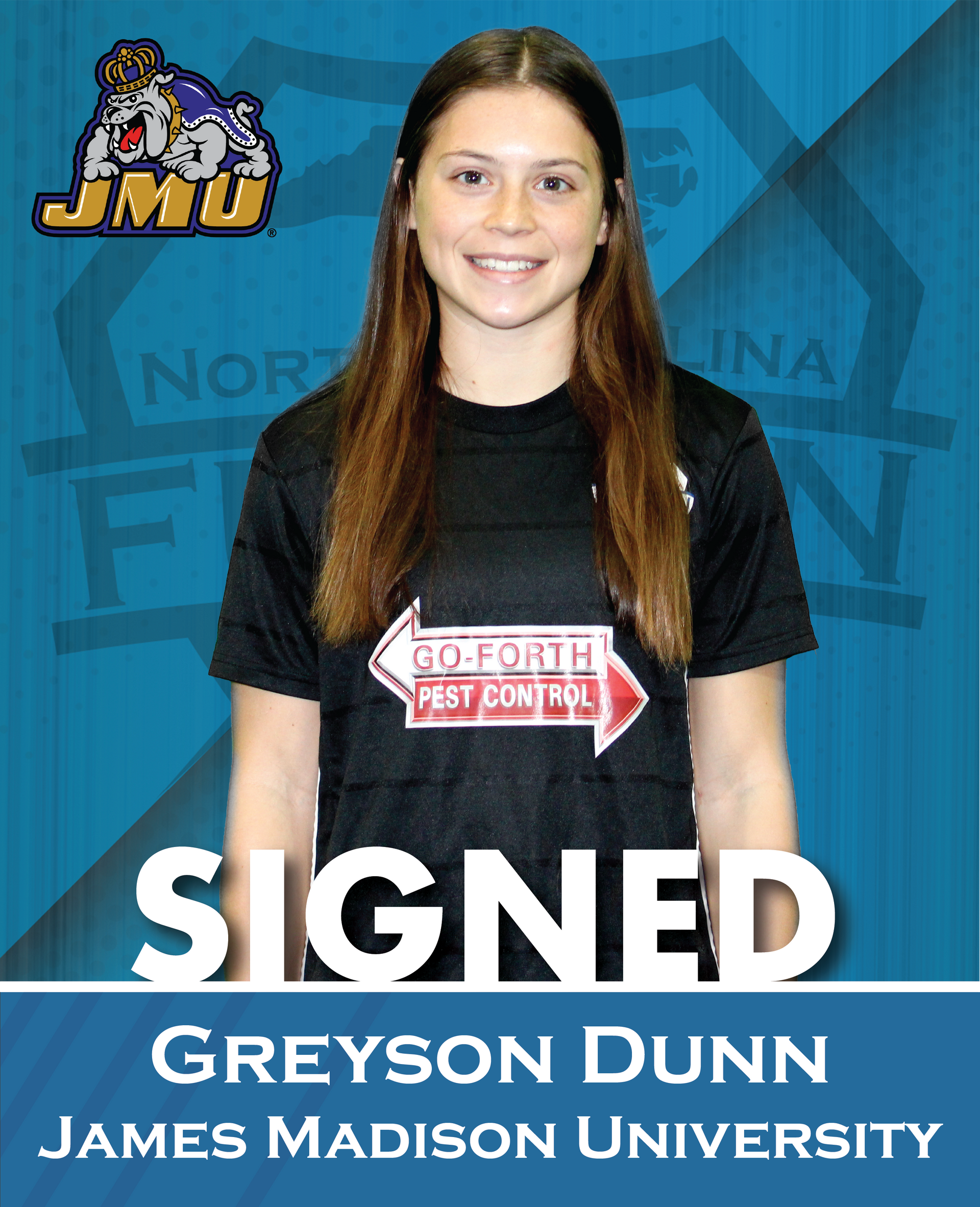 Greyson Dunn signed to James Madison University, standing against a blue backdrop