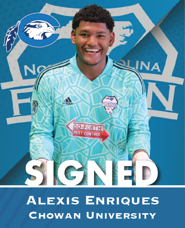 Alexis Enriques in teal soccer uniform, smiling in front of UNC Pembroke backdrop, with “SIGNED” text.