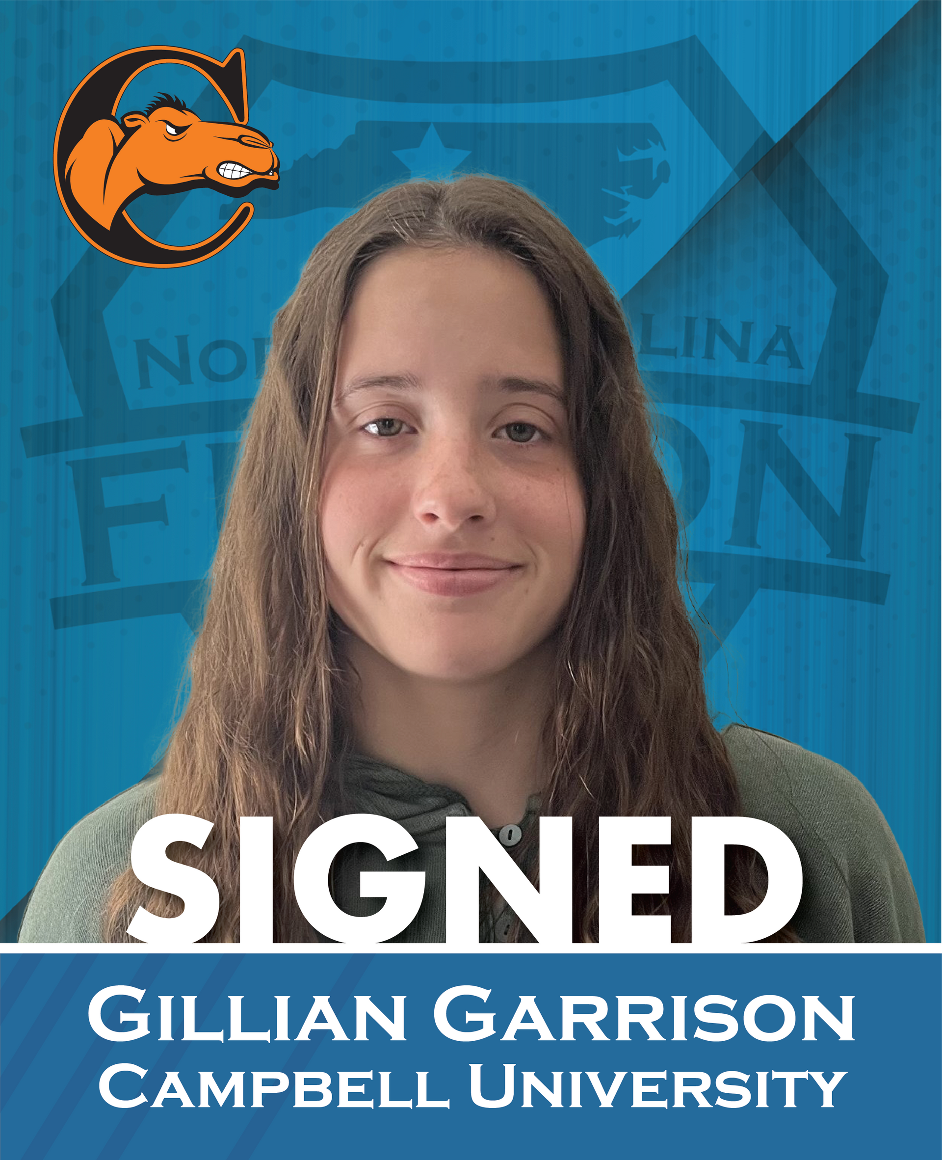 Signed commitment card for Cillian Garrison, Campbell University, with portrait on blue background.