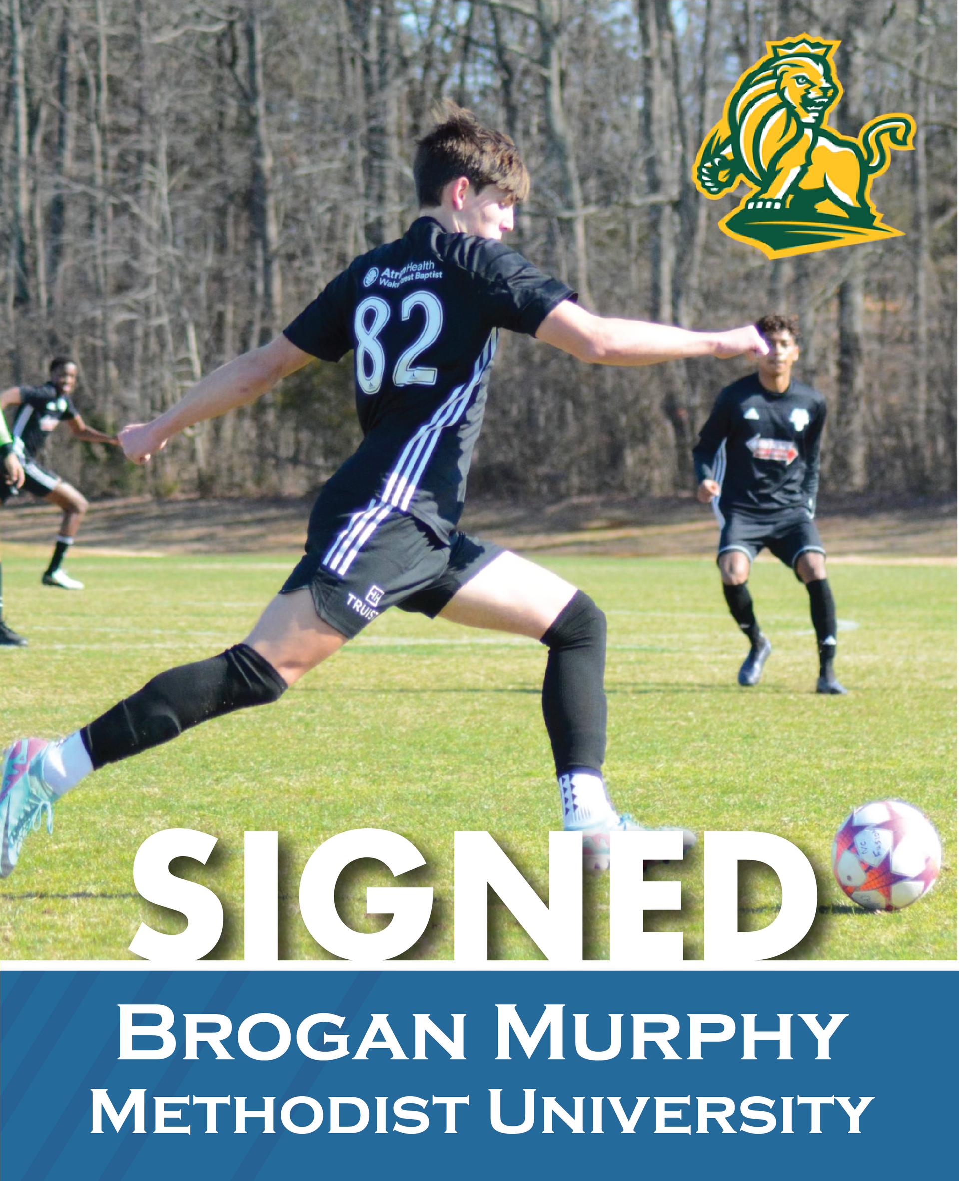 Soccer player in black jersey #82 kicking on field; text reads “SIGNED BROGAN MURPHY, METHUEN UNIVERSITY.”
