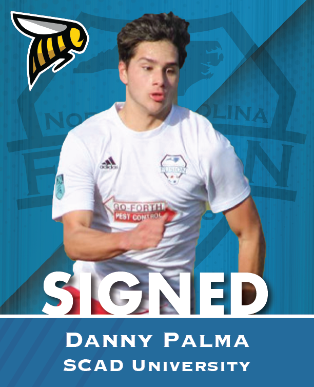 Soccer recruit announcement graphic for Danny Palma, Suffolk University, with player photo and “SIGNED” banner