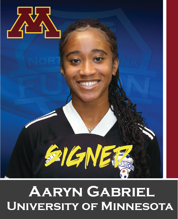 Aaryn Gabriel, University of Minnesota recruit graphic with smiling athlete in black signed jersey on blue background