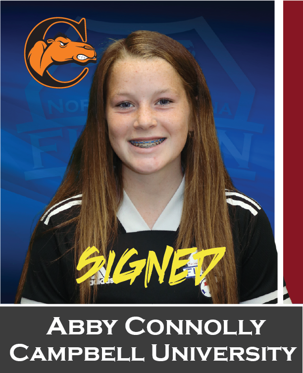 Abby Connolly in navy Campbell University jersey, smiling against blue background with “SIGNED” banner.
