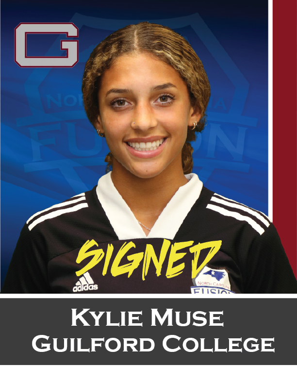 Kylie Muse in black Guilford College jersey, smiling on blue signed-athlete graphic.