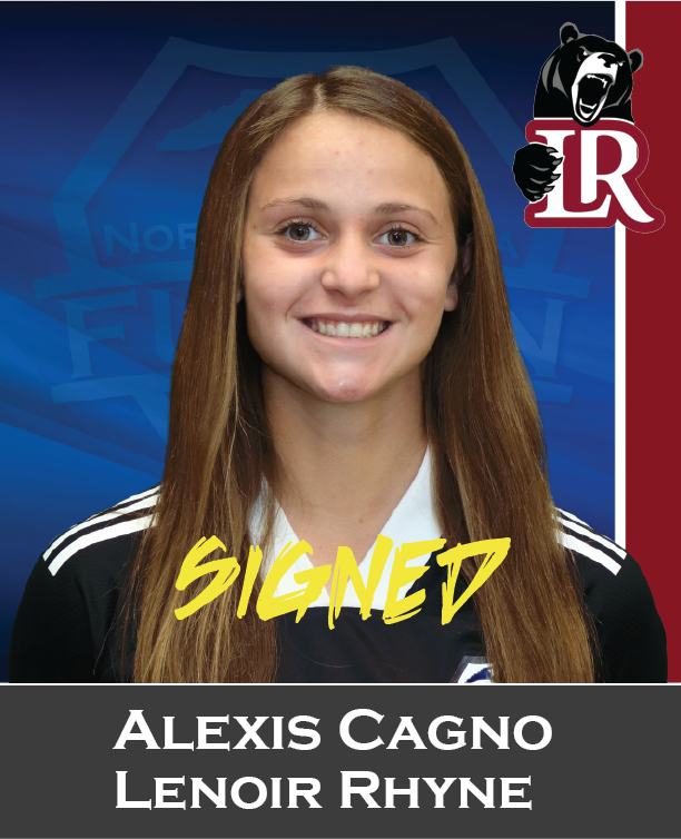 Alexis Cagno, Leinoir HR, smiling portrait on blue-and-red team graphic with “SIGNED” text