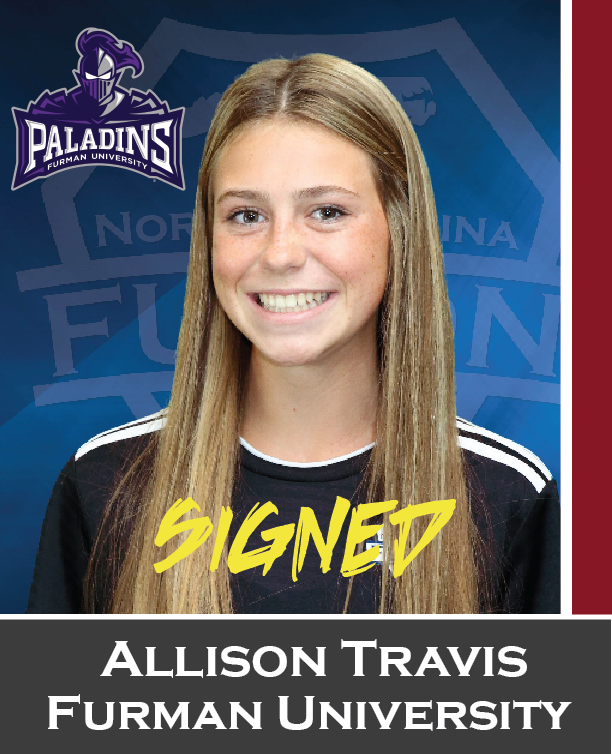 Allison Travis in black jersey, smiling signed commitment graphic for Furman University with Paladins logo