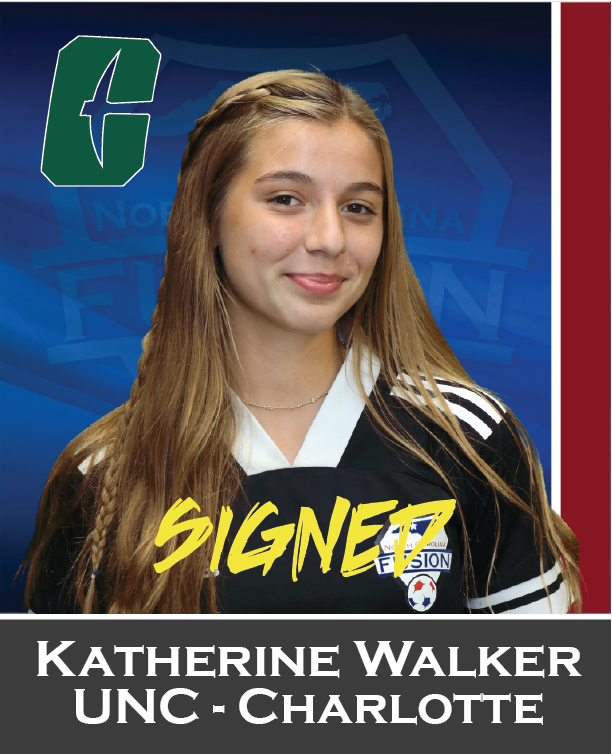 Katherine Walker in a black UC Hartford jersey on a blue background with “Signed” text and initials logo