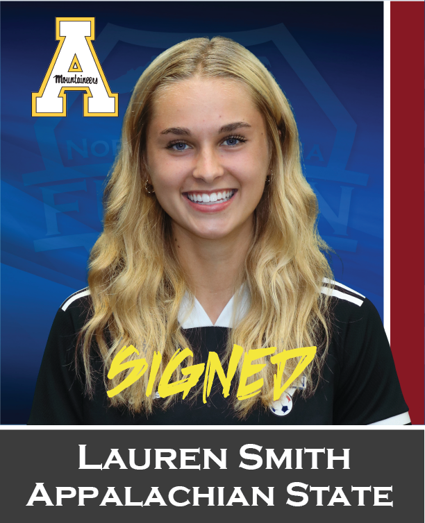 Appalachian State signee Lauren Smith smiling in black jersey on blue background with Appalachian State logo
