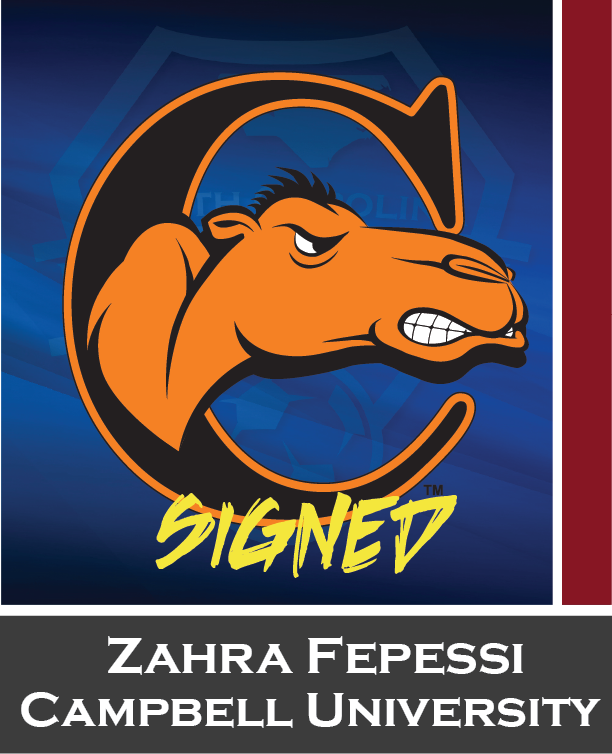 Signed camels logo with orange camel head and Zahra Efessi Campbelle University text on dark blue background