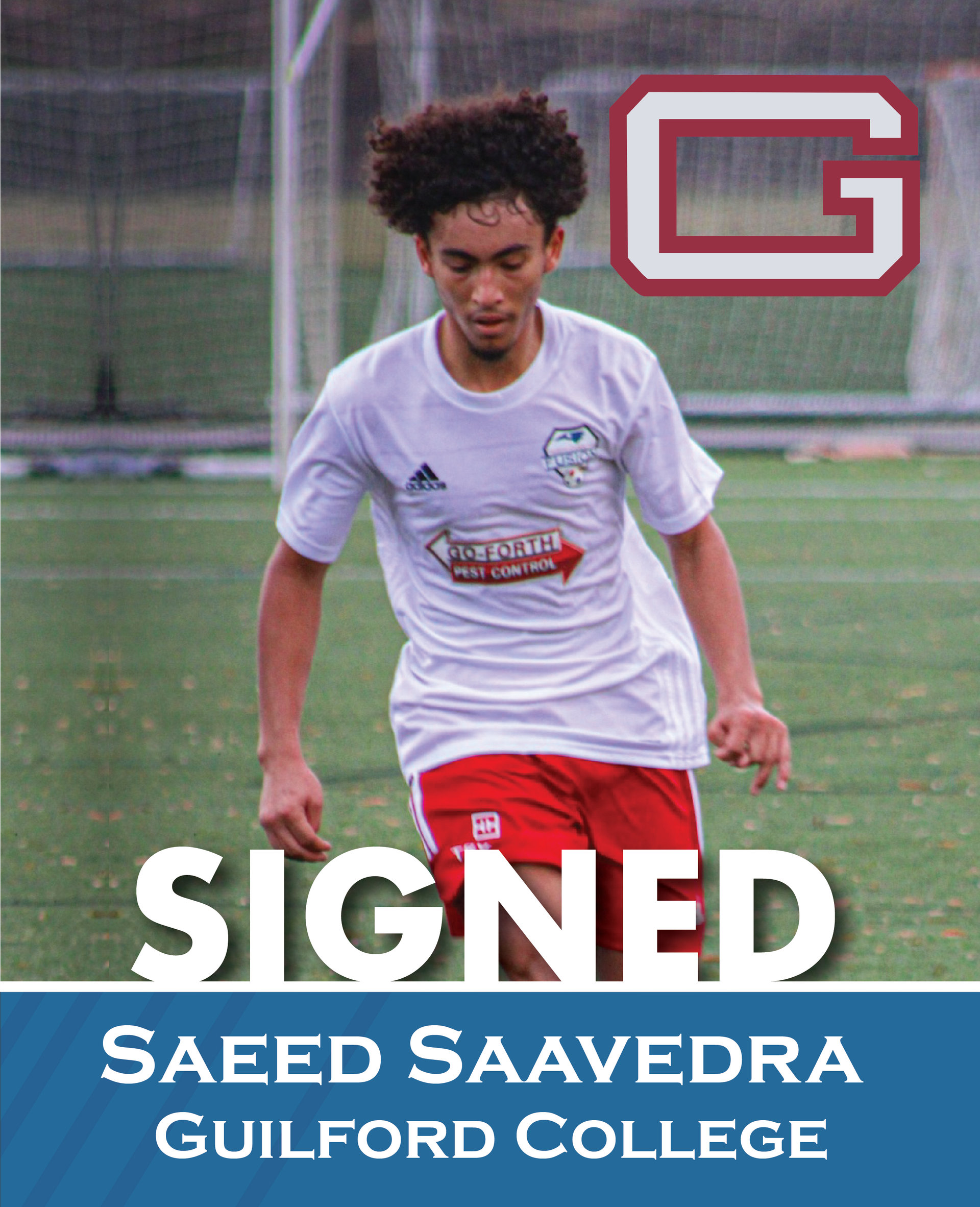 Soccer player in white and red uniform with “SIGNED” and “Saeed Saavedra, Guilford College” text
