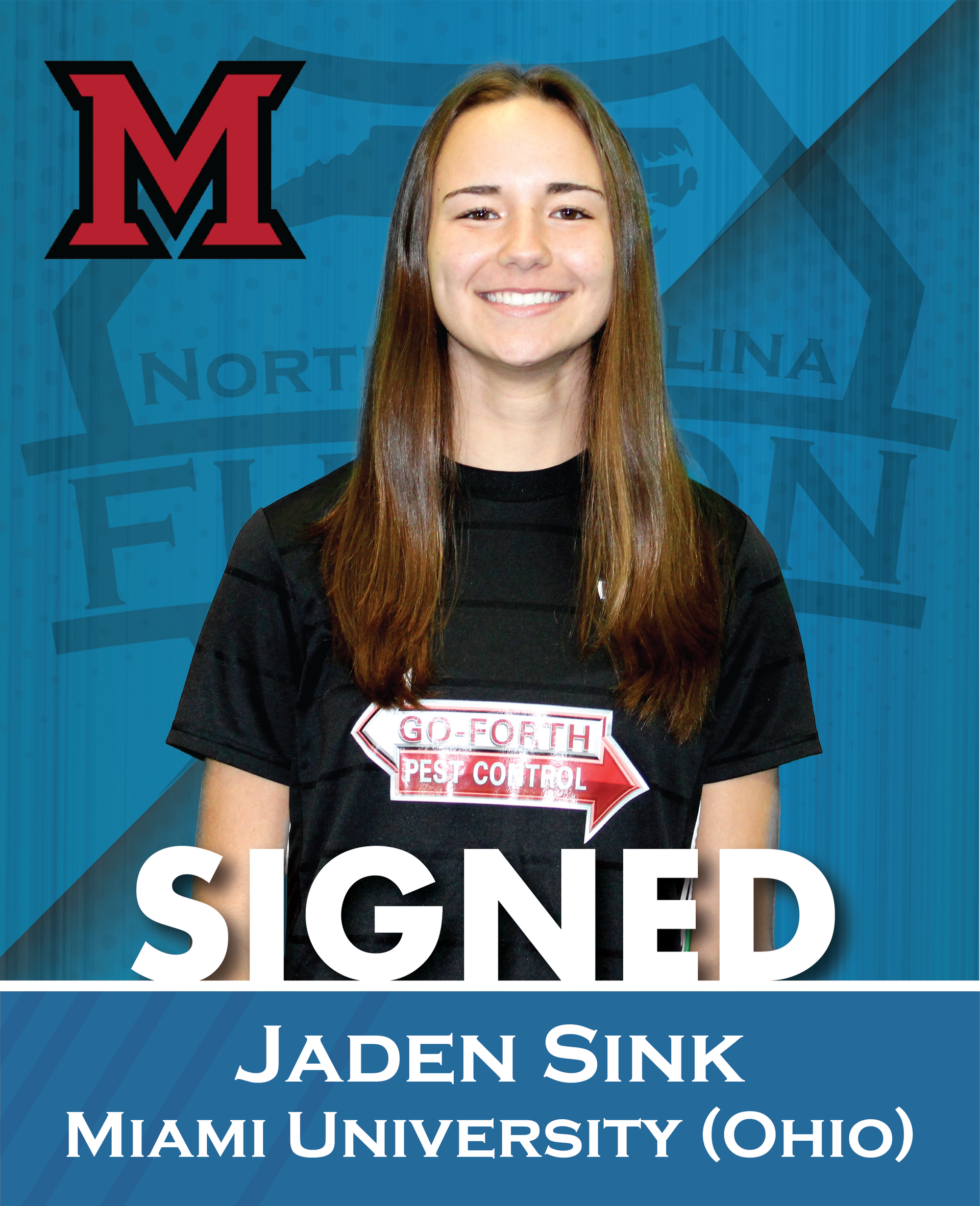 Jaden Sink in black shirt, signed to Miami University (Ohio), on blue North Carolina FC background.