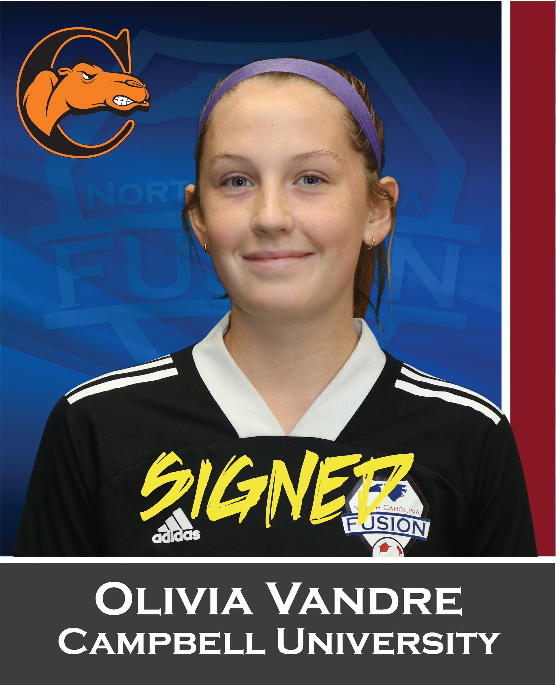 Olivia Vandre in a black-and-white soccer jersey, smiling on a blue background with Campbell University branding