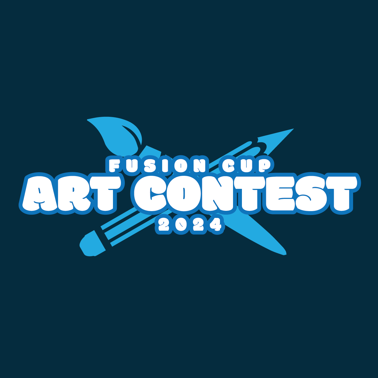 Blue “Fusion Cup Art Contest 2024” logo with paintbrushes on a dark background