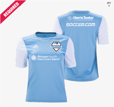 Light blue and white soccer jerseys, front and back views with sponsor logos.