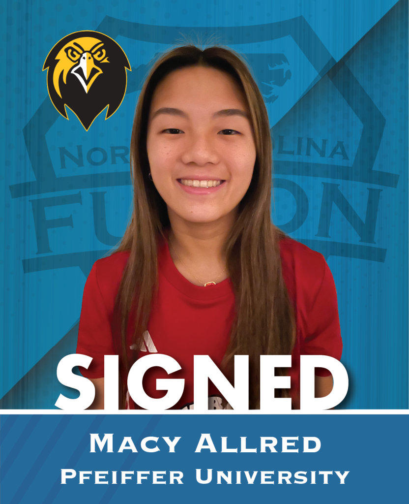 Macy Allred signing with Pfeiffer University, smiling in a red shirt on a blue signed announcement graphic